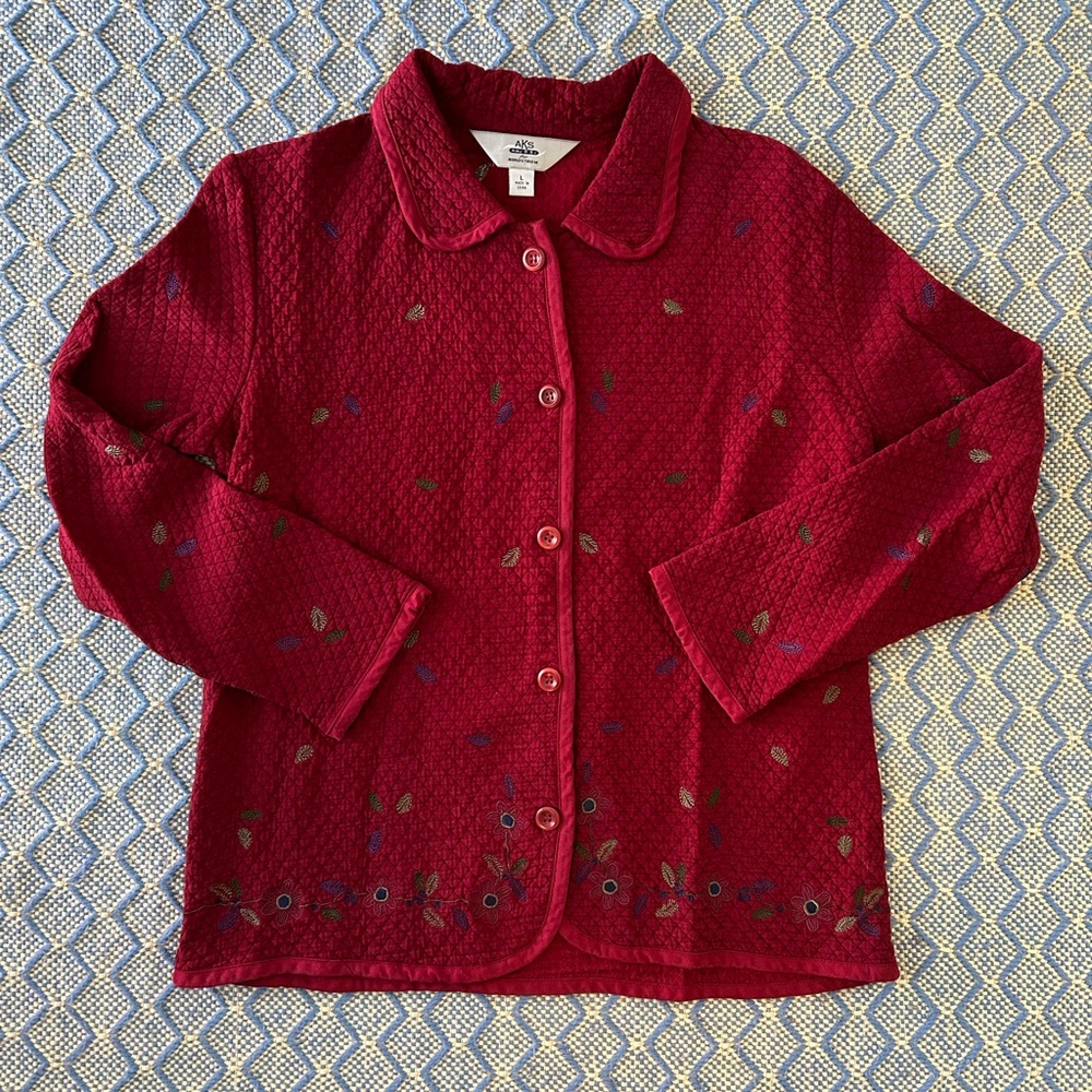 *SOLD* Red Quilted Jacket With Floral & Leaf Embroidery